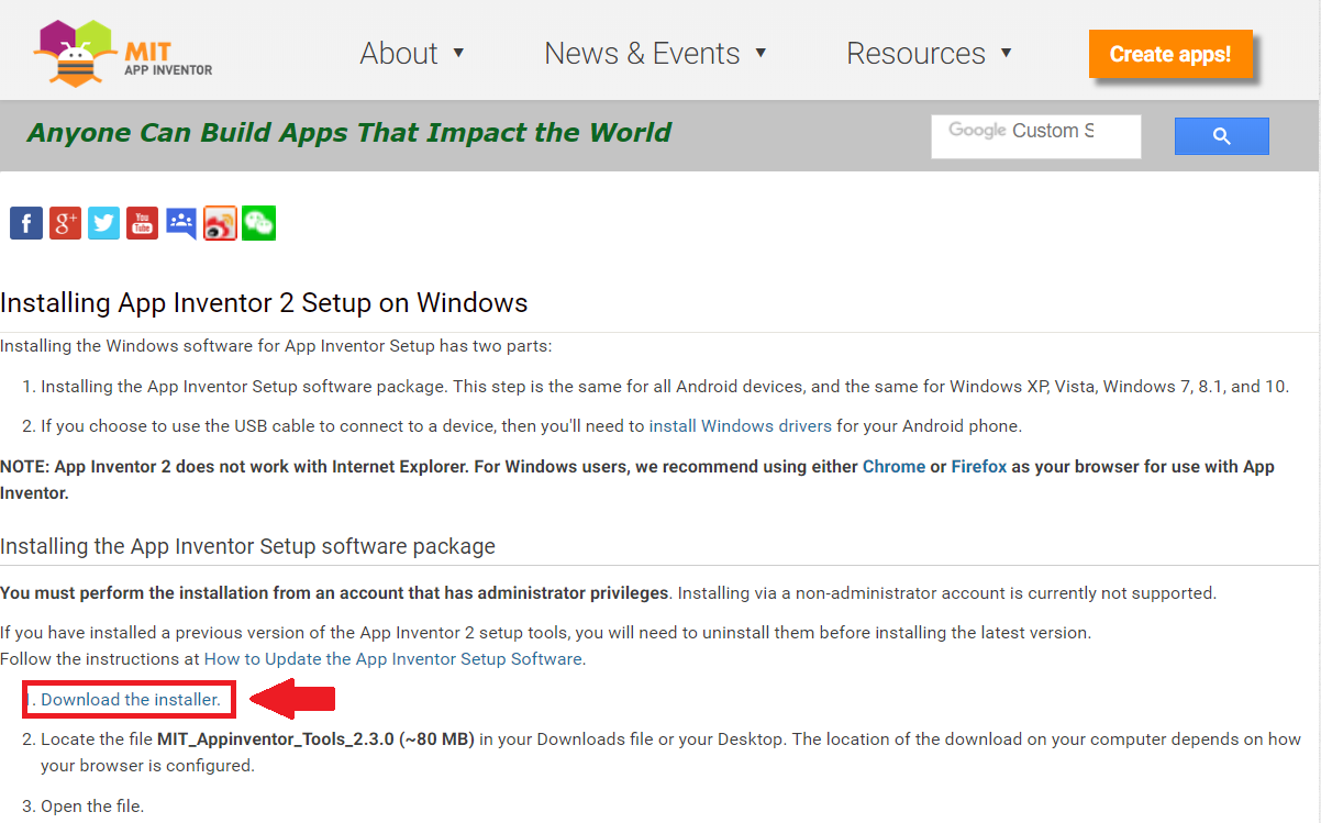 Download the App Inventor Tools installer download
