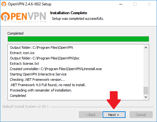 Click Next once the installation is finished openvpn_complete