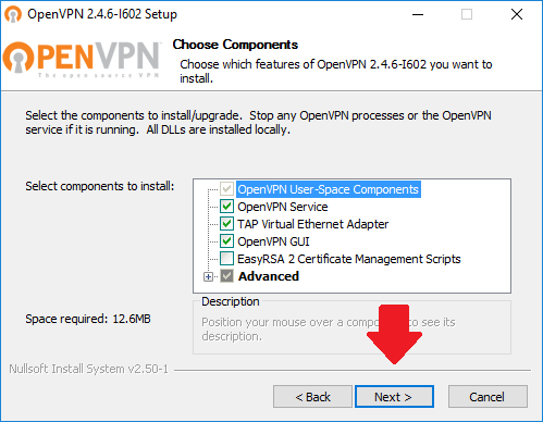 Keep default component selections and click Next openvpn_components