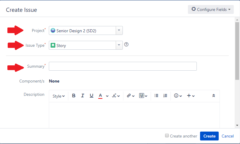 The fields of the create issue menu issue_details