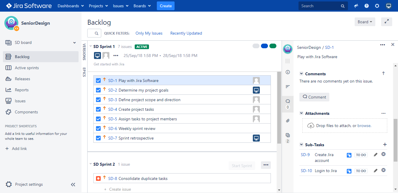 An example of a Jira Software backlog backlog