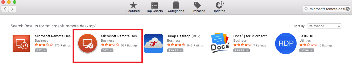 Search for Microsoft Remote Desktop 10 app-store