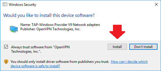 Install the virtual network adapter openvpn_security