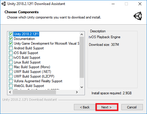 Click "Next" unity-components