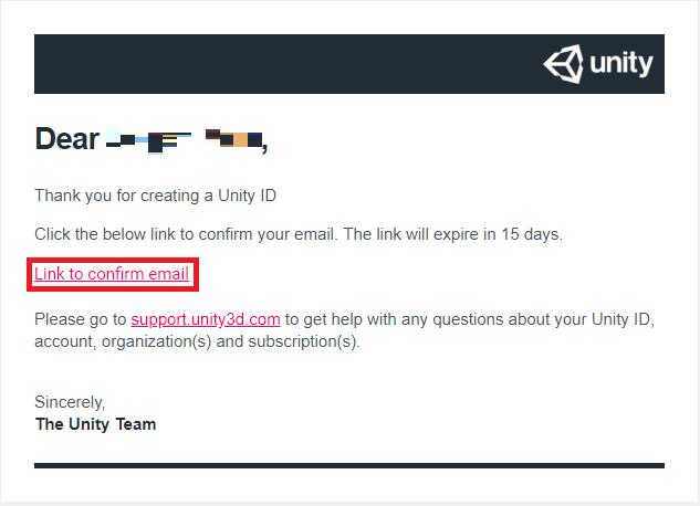 Click "Link to confirm email" unity-email