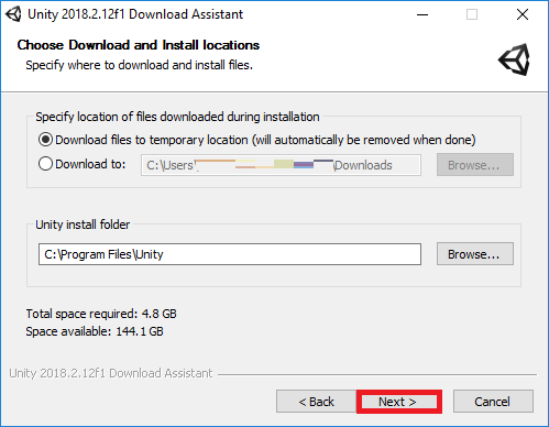 Click "Next" unity-install-location