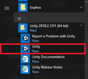 Open "Unity" unity-start-menu