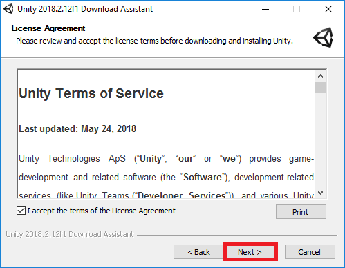 Click "Next" unity-terms