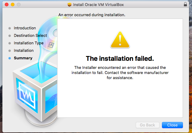 "The installation failed" screen vbox-failed